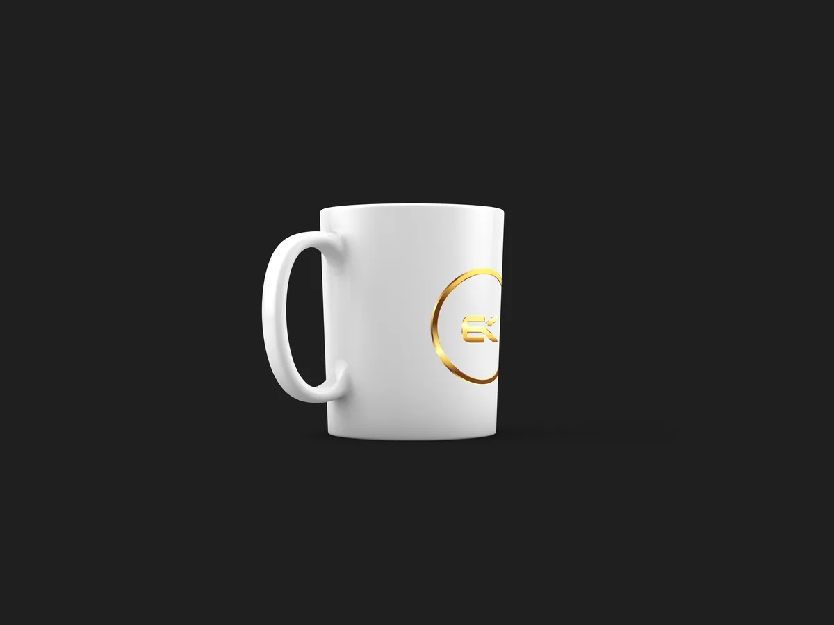 White mug with gold logo